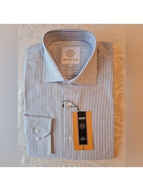 100% Cotton Grey White Striped Formal Button Down Shirt, 40, 15.5" M Snover, NWT